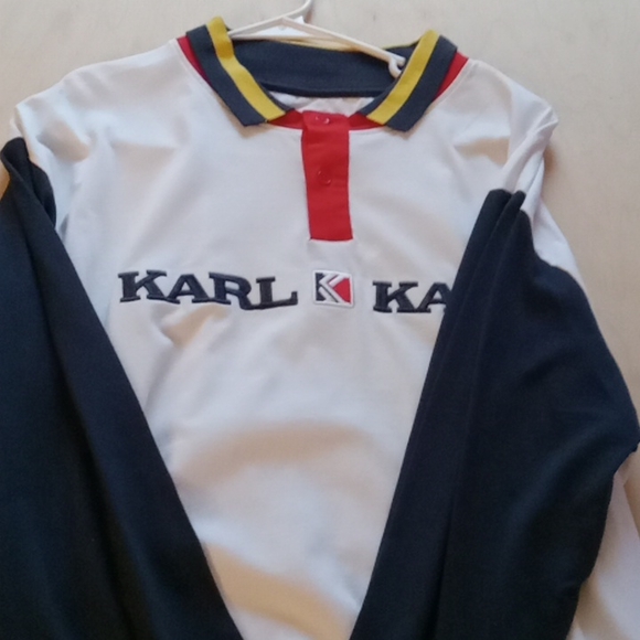Long sleeve Polo by Karl Kani..size large. White with red, yellow and navy blue. - Picture 7 of 8